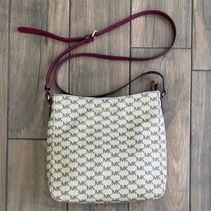 Michael Kors White and Brown MK Signature Crossbody Bag with Red Trim